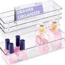 HOUSE DAY Desk Drawer Organizer Bins 4 PCS, 9*3*2" Clear Drawer Organizers with Silicone Pads, Vanity Organizers and Storage, Non Slip Plastic Drawer Organizer for Makeup, Bathroom, Kitchen, Office