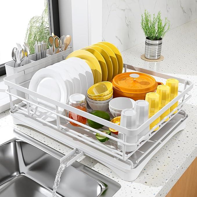 Dish Drying Rack for Kitchen Counter,Space-Saving Dish Rack with Drainboard,Rustproof Countertop Dish Drainer with Utensil Holder for Sink,White