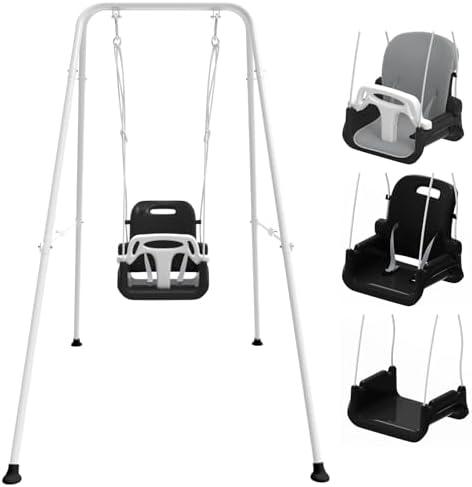 Toddler Swing with Soft Cushion, Foldable Indoor & Outdoor Baby Swing, Easy to Install & Store for Backyard Play (Black)