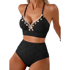 Herseas Women's Seashell Textured Bikini Sets Stitching Ribbon Shell Decoration Swimsuits High Waisted Bathing Suits (Medium, Black)