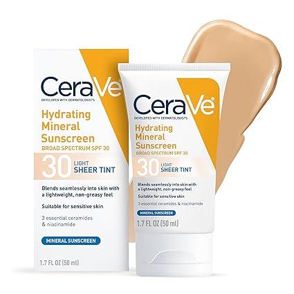 CeraVe Hydrating Mineral Sunscreen SPF 30 with Sheer Tint, Tinted Mineral Sunscreen with Zinc Oxide & Titanium Dioxide, Blends Seamlessly For Healthy Glow, Light, 1.7 Oz