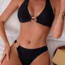 Fanuerg Women's Halter V Neck Bikini Sets Ring Linked Two Piece Swimsuit Cheeky Swim Bathing Suit 2025 (Black, XL)