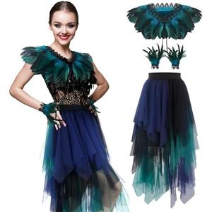 Sintege 3 Pcs Mardi Gras Women's Peacock Costume Set Gothic Natural Feather Shawl Wrist Bracelet Multi-layered Tulle Skirt Witch Shawl Carnival Costumes