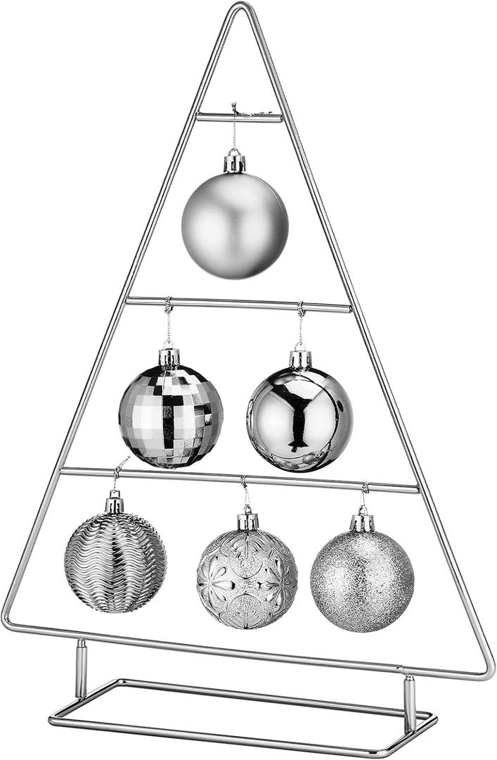 Cinnvoice Ornament Display Stand Metal Xmas Christmas Tabletop Ornament Christmas Tree Shaped Display Stand Holder Farmhouse Xmas Tree for Balls Decorations Hanging Gift(Silver,16 Inch)