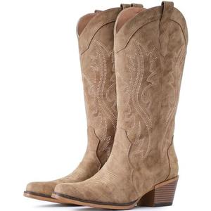 IUV Cowboy Boots For Women Western Cowgirl Boots with Chunky Heel Mid Calf Snip Toe Ideal for low insteps, 10
