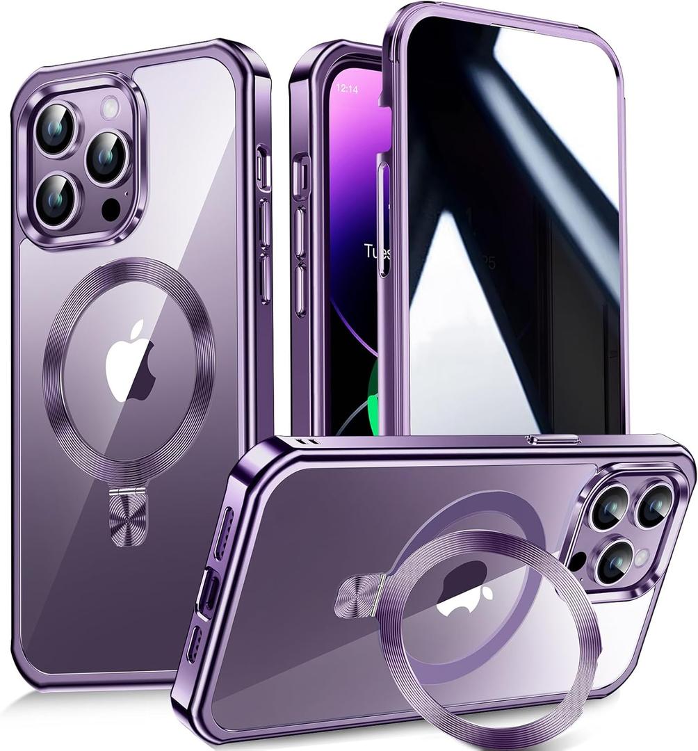 [CD Metal Ring Stand + Built-in Privacy Screen Protector] Magnetic Case for iPhone 14 Pro Max 6.7" [Soft Bumper Full Signal] [Compatible with MagSafe] 9H Glass Full Body Shockproof Clear Case, Purple