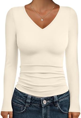 IWD Womens Long Sleeve Shirts V Neck Casual Tops 2026 Fashion Slim Fitted Tops Basic Tee Y2k Outfits, Size L