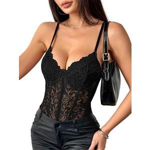 Lilosy Sexy Mesh Sheer Floral Lace Corset Lingerie Bodysuit Bustier Cami Top, XL