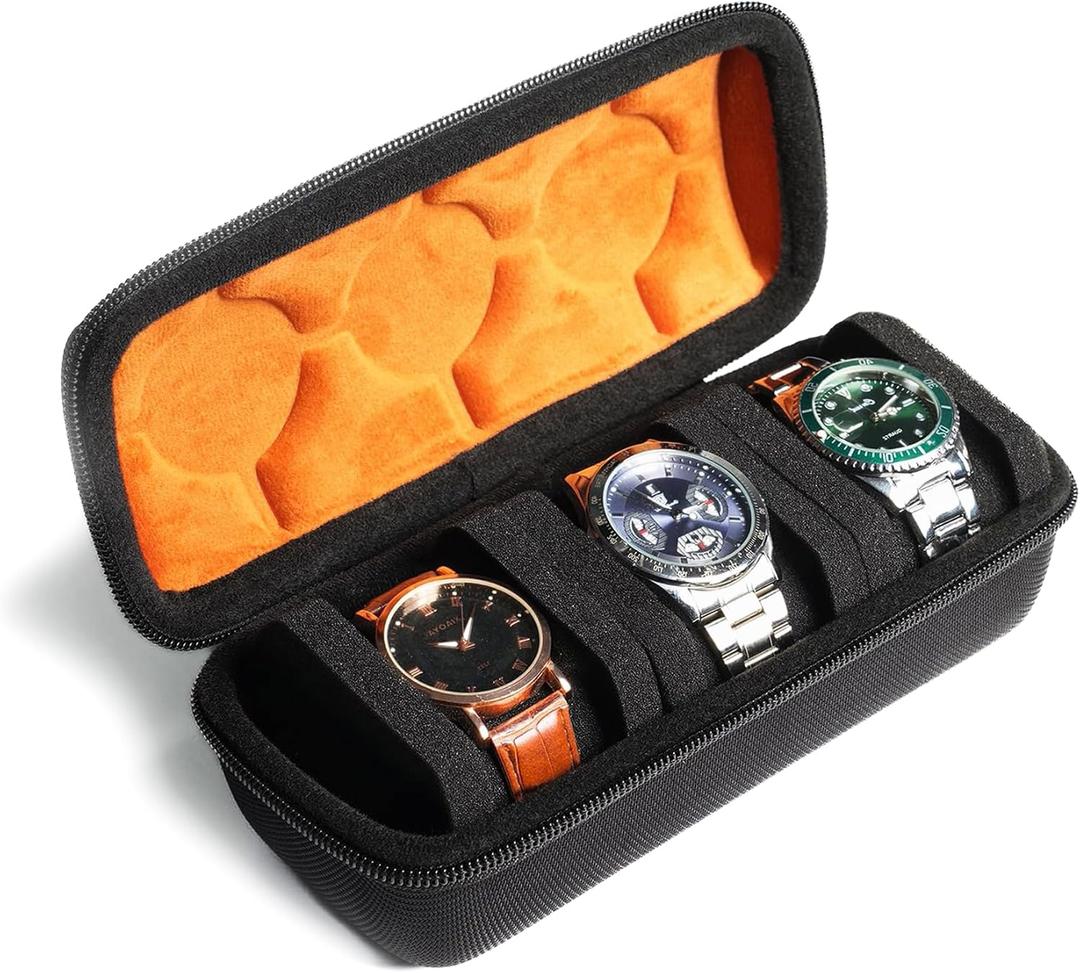 3 slots watch case for travel and storage, hard Watch Roll Organizer holder for Men and Women with microfiber lining