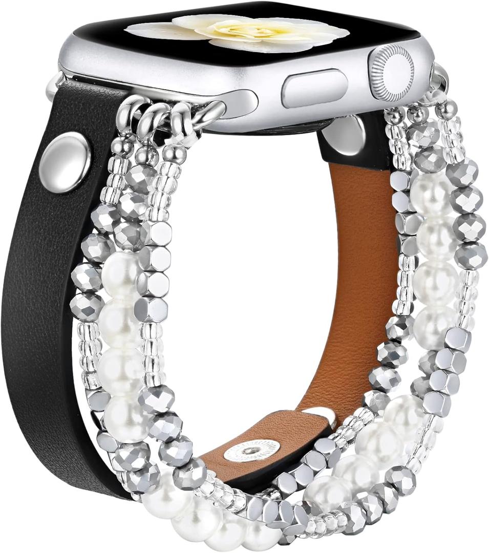 fastgo Leather Band Compatible with Apple Watch 45mm 44mm 42mm 49mm Women, Elastic Beaded Bracelet Strap Adjustable for Iwatch SE &Series 9 Ultra 8 7 6 5 4 3 2 1 (Black/White, 42/44/45/49mm)