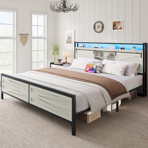 DWVO Farmhouse King Bed Frame with Headboard, Platform Bed with LED Lights and Charging Station, Sliding Barn Door, Solid Metal Slats, No Box Spring Needed (White)