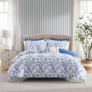 Laura Ashley - Queen Comforter Set, Soft & Reversible Cotton Bedding, Medium Weight for Year Round Comfort, 7 Piece Bed Set with Matching Pillowcases, Euro Shams & Bonus Throw Pillows (Elise Blue)