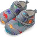 Scurtain Unisex Kids Toddler Slippers Socks Artificial Woolen Slippers with Non-slip Rubber Sole (5.5-6 Toddler, Grey/Dinosaur)