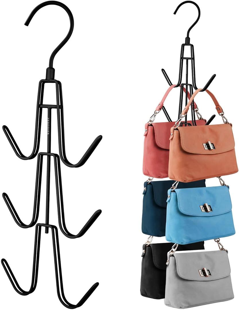 ZEDODIER 2 Pack Purse Organizer for Closet, Heavy-Duty Hanging Purse Hanger Closet Holds Up to 12 Purses, Metal Rotating Space Saving Bag Holder Handbag Storage Hook Backpack Rack, Black
