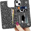 LETO for iPhone 15 Wallet Case - Flip Folio Leather Kickstand - Fashionable Designs - Credit Card Holder - Protective Phone Cover for Women and Girls - 6.1" - Stars