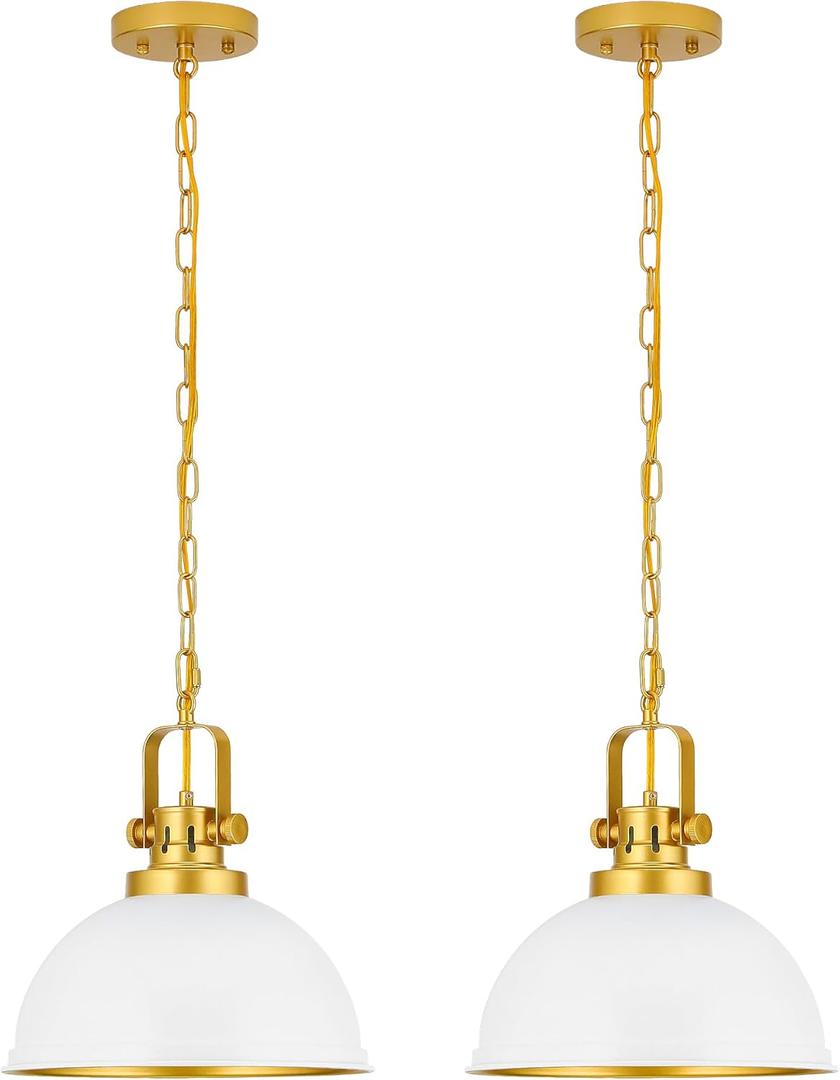 2-Pack White and Gold Pendant Lights Kitchen Island, Modern Matte White Dome Pendant Lighting with Adjustable Chain Light Fixture for Kitchen Dining Room Restaurant Foyer Entrance Sink