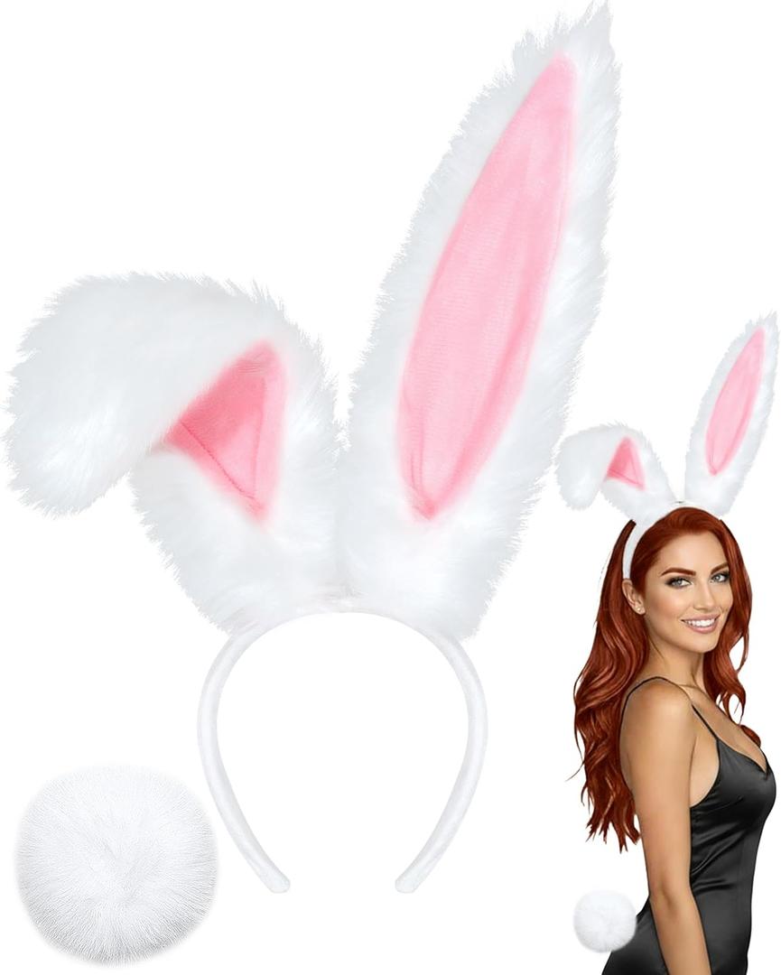 U-Goforst Bunny Ears Headbands and Tail, Bunny Costume Long Furry Rabbit Ear Headband, Halloween Party Cosplay White Bunny Ears Costume Hair Accessories for Adult Women