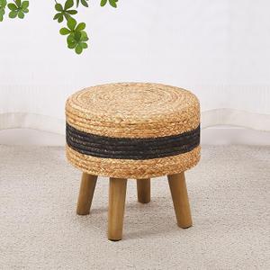 Cpintltr Round Ottoman Natural Seagrass Footstool Hand Weave Water Hyacinth Poufs Eco Friendly Sofa Foot Stool Soft Step Stool Padded Foot Rest with Pine Legs for Living Room (Black)