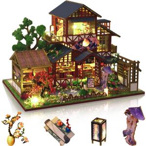 GuDoQi DIY Miniature Dollhouse Kit, 1:24 Scale Tiny House with Music Plant, Model Craft Kit for Adults, Great Handmade Gift for Birthday Christmas Day, Japanese Villa Courtyard