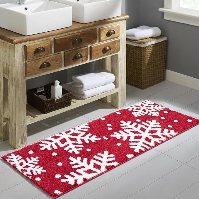 Estmy Red Snowflake Christmas Runner Rug 2x5, Cute Winter Seasonal Christmas Bathroom Runner Rugs Extra Long Bath Mat Non Slip Washable, Holiday Festive Xmas Area Runner Rugs for Kitchen Entryway
