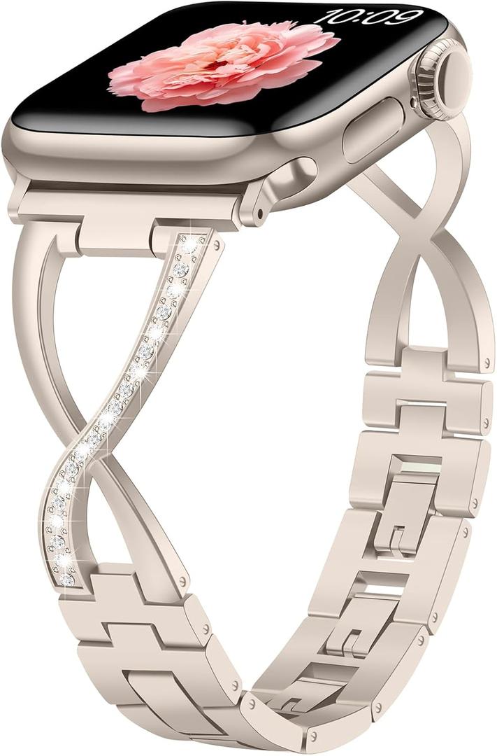 Metal Bands Compatible with Apple Watch Band for Women 38mm 40mm 41mm 42mm 44mm 45mm 46mm 49mm, Bling Dressy X-Shape Bracelet for iWatch Ultra SE Series 11 10 9 8 7 6 5 4 3 (Starlight)
