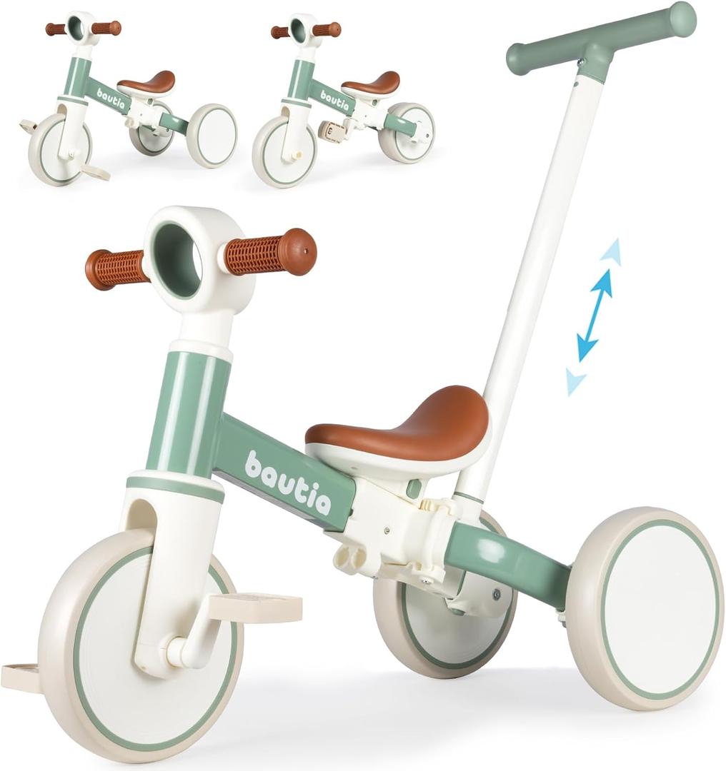 Bautia Kids Tricycle for Toddlers 1-3 with Push Handle, 5 in 1 Baby Balance Bike Toy for 1-4 Years Old Boys Girls Gift with Removable Pedals, Mint (No Parent Steering Version)