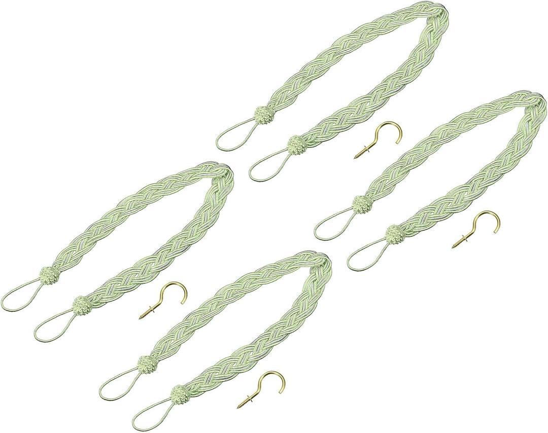 uxcell 4Pcs Curtain Tiebacks, 58cm/23 Braided Drapery Holdback Holder Decorative Rope Tie Back with 4 Metal Hooks, Green/Silver