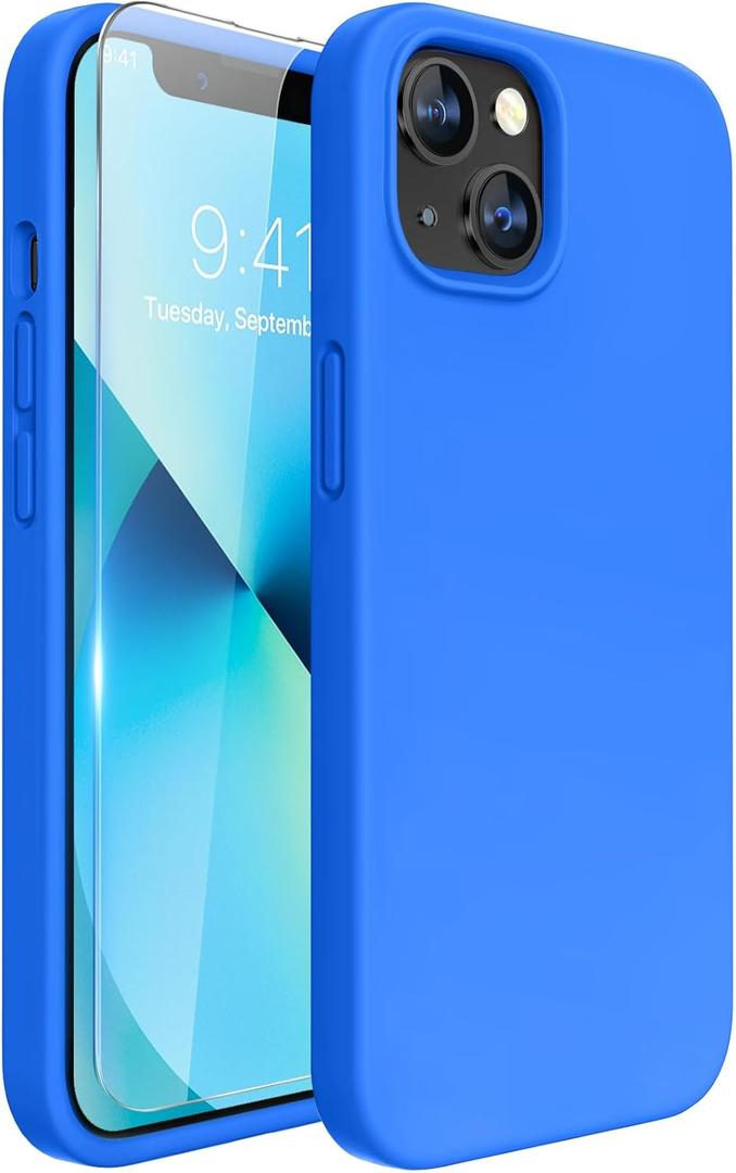 Miracase Designed for iPhone 13 Case, with Tempered Glass Screen Protector, [Soft Anti-Scratch Microfiber Lining], Shockproof Liquid Silicone Rubber Phone Case for 13 6.1 inch, Mediterranean Blue