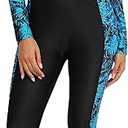 Womens Full Body Rash Guard with Built in Bra Long Sleeve One Piece Swimsuit Upf50+ Zip Front Bathing Suit, Medium, Blue Green Leaves