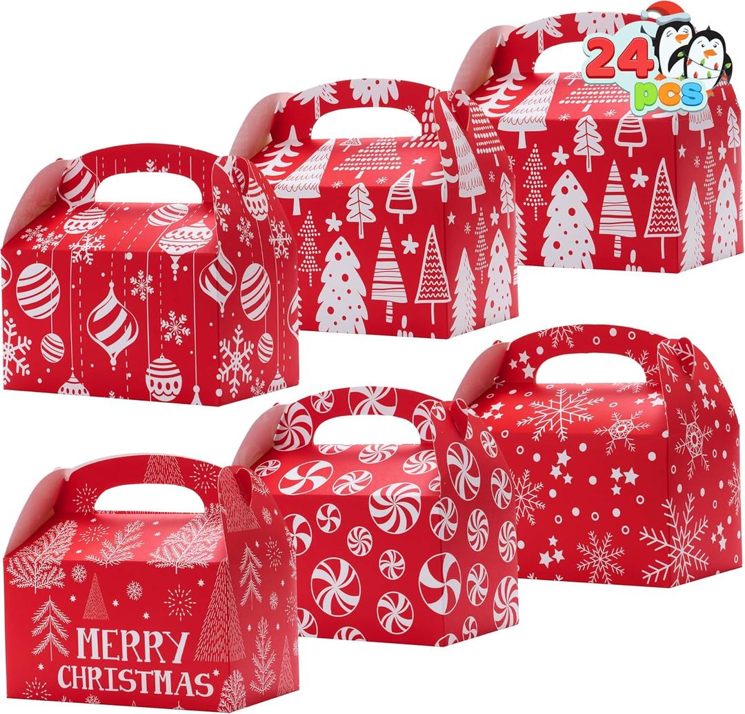 JOYIN 24 PCS 3D Christmas Treat Gift Wrap Boxes for Holiday Xmas Presents, Bakery Cookie Boxes for Gift Giving, Cardboard Goodie Candy Box for Desserts Wrapping, School Classroom Party Favor Supplies
