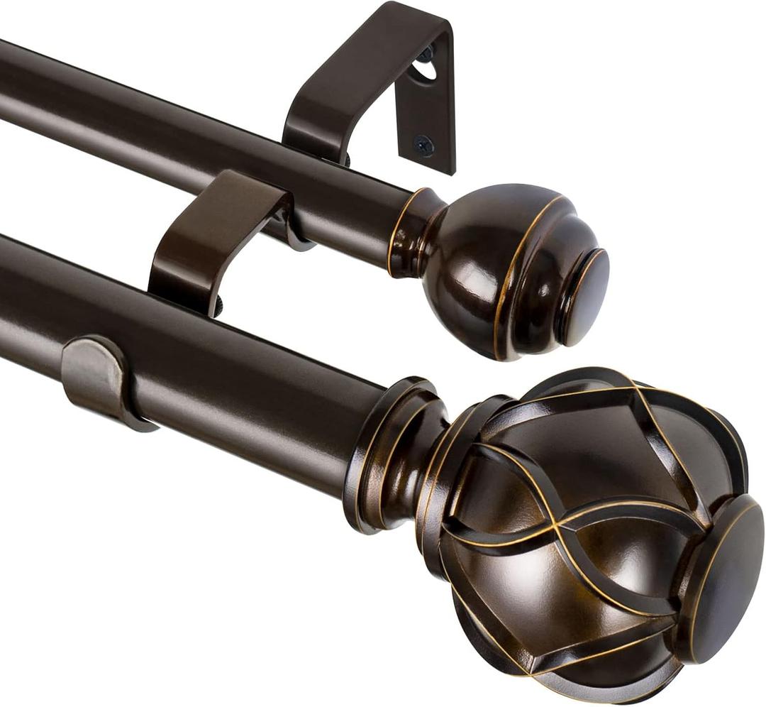 KAMANINA 1 Inch Double Curtain Rods for Windows 36 to 72 Inches (3-6 Feet), Bronze Heavy Duty Double Curtain Rod, Telescoping Drapery Rod with Netted Texture Finials, Fewer Rods, Easier Install