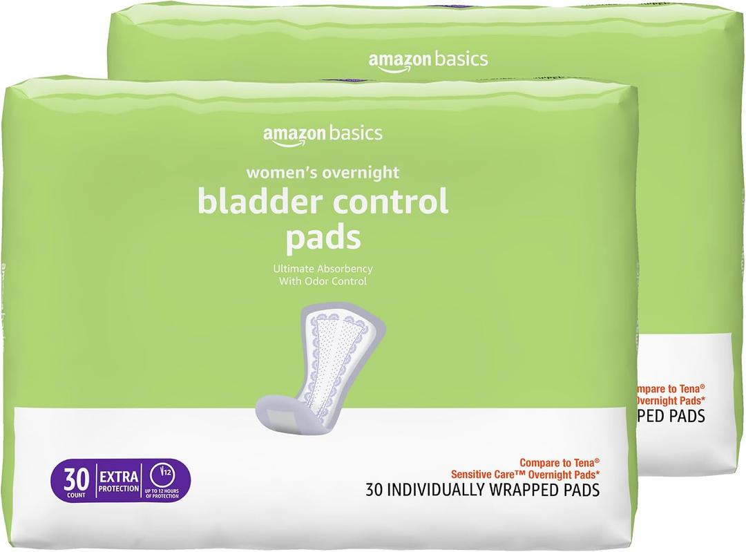 Amazon Basics Incontinence Pads for Women, Postpartum, Bladder Control, Overnight Absorbency, Unscented, with Odor Control, 60 Count (2 Packs of 30)