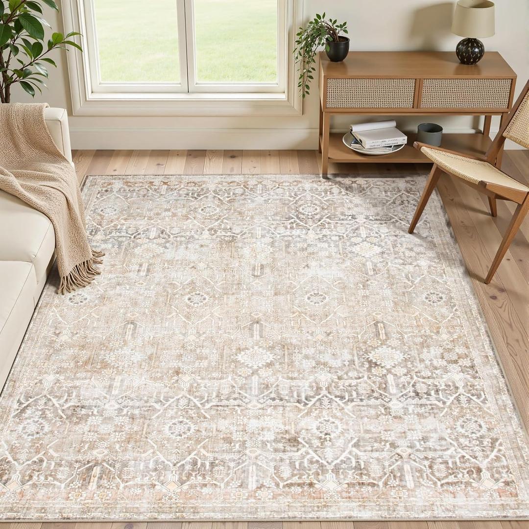 Colliive Area Rug for Living Room 6x9, Machine Washable Neutral Farmhouse Rugs for Bedroom, Soft Non-Slip Low Pile Indoor Floor Accent Carpet for Office Entryway Nursery Dining Room - Beige