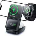 GUSGU 3-in-1 Charging Station for MagSafe Wireless Charger Clock, LED Screen with Power Display, 15W Fast Charging, Compatible with iPhone 17/Air/16/15, iWatch Ultra 3, AirPods Pro 3, Black