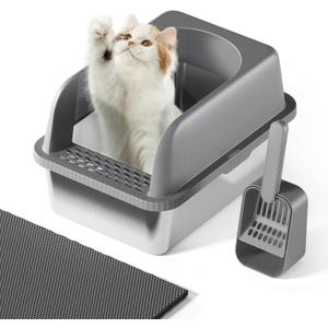 Stainless Steel Cat Litter Box with Lid, 20" L x 14.2" W x11.8 H, Large Cat Litter Box for Multiple Cats with High Sided, No-Leak & Stick, Easy to Clean, Includes Litter Mat & Multi Functional Scoop