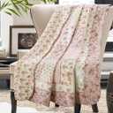 Cozyholy Original 100% Cotton Quilt Twin Size Pink Floral Patchwork Quilted Throw Blanket, Reversible Bedspread Coverlet Vintage Shabby Chic Bedding Quilt for Bed Couch Sofa