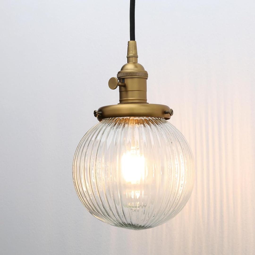 PERMO Vintage Industrial Pendant Light Antique Gold Finish with Ribbed Clear Glass Shade, Adjustable Height Hardwired Ceiling Lamp for Kitchen Island, Dining Room, Living Room, Bedroom