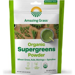 Amazing Grass Super Greens Booster: Greens Powder Smoothie Mix with Spirulina, Moringa, Wheat Grass & Kale Smoothie Booster, Chlorophyll Providing Greens, 30 Servings, EXP 05/2025