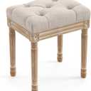 LUE BONA Upholstered Fabric Vanity Bench Seat, Makeup Stools for Vanity, Square Tufted Ottoman Bench with Carved Wood Color Legs for Bedroom Living Room, Linen Color