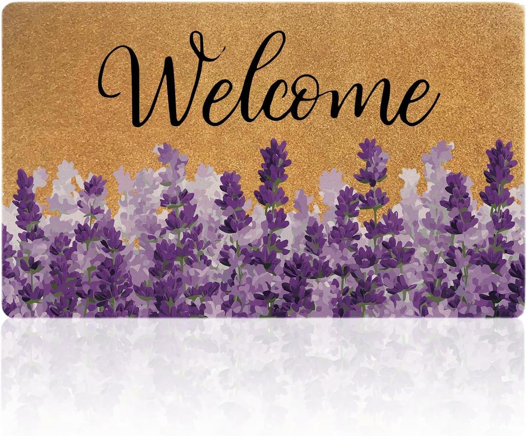 Lavender Door Mat, 30x17 Inch Spring Non-Slip Front Door Welcome Mat | Lavender faux coir doormat with non-slip backing for porch, entryway, front door, and indoor outdoor use.