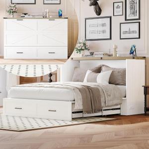 Ball & Cast Queen Murphy Bed with Charging Station,Farmhouse Murphy Cabinet with Large Storage Drawer,Hideaway Bed Foldable Platform Bed for Guest Room, Apartment, White