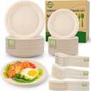 Compostable Paper Plates Set, 250PCS Disposable Heavy-Duty Sugarcane Plate and Eco-Friendly Utensil Biodegradable Dinnerware Plates, Extra Long Forks & Knives & Spoons for Party (Brown)
