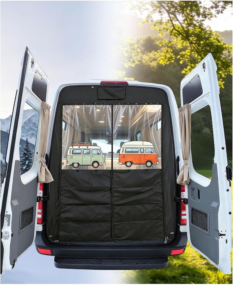 Insulated Rear Door Curtain Fit for Mercedes Sprinter 2007-2025 High Roof, AC Air Saver & Heat Blocker, Thermal Blackout, Waterproof All-Season Climate Control, Auto-Close Magnets, Vanlife