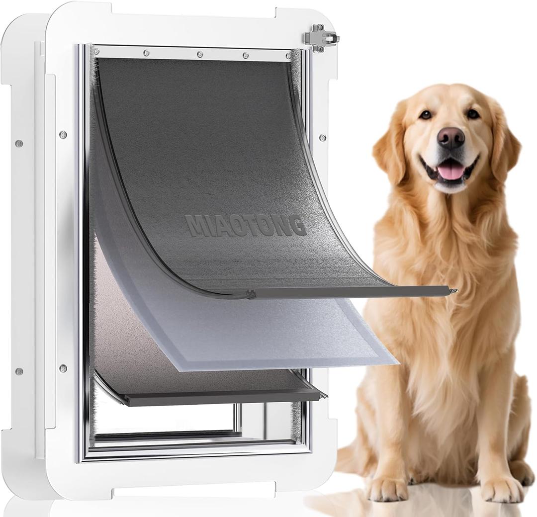 3-Flap Steel Large Dog Door for Exterior Doors with Sliding Lock Panel, Energy-Efficient Insulated Pet Door, Extreme Weather Doggy Door with Telescoping Tunnel, Never RustPets Up to 100 Lb