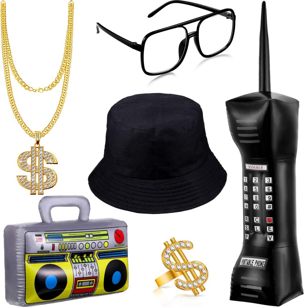 Sumind 6 Pcs 80s 90s Hip Hop Costume Outfit Kit Inflatable Radio Boombox Necklace Ring Sunglasses Hat Rapper Accessories (Black)