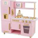 Kitchen Playset for Kids Ages 3-8, Wooden Pretend Play Kitchen, Including Telephone, Ice Maker, Refrigerator, Dimensions: 35 H x 31 W x 12 D (Pink)