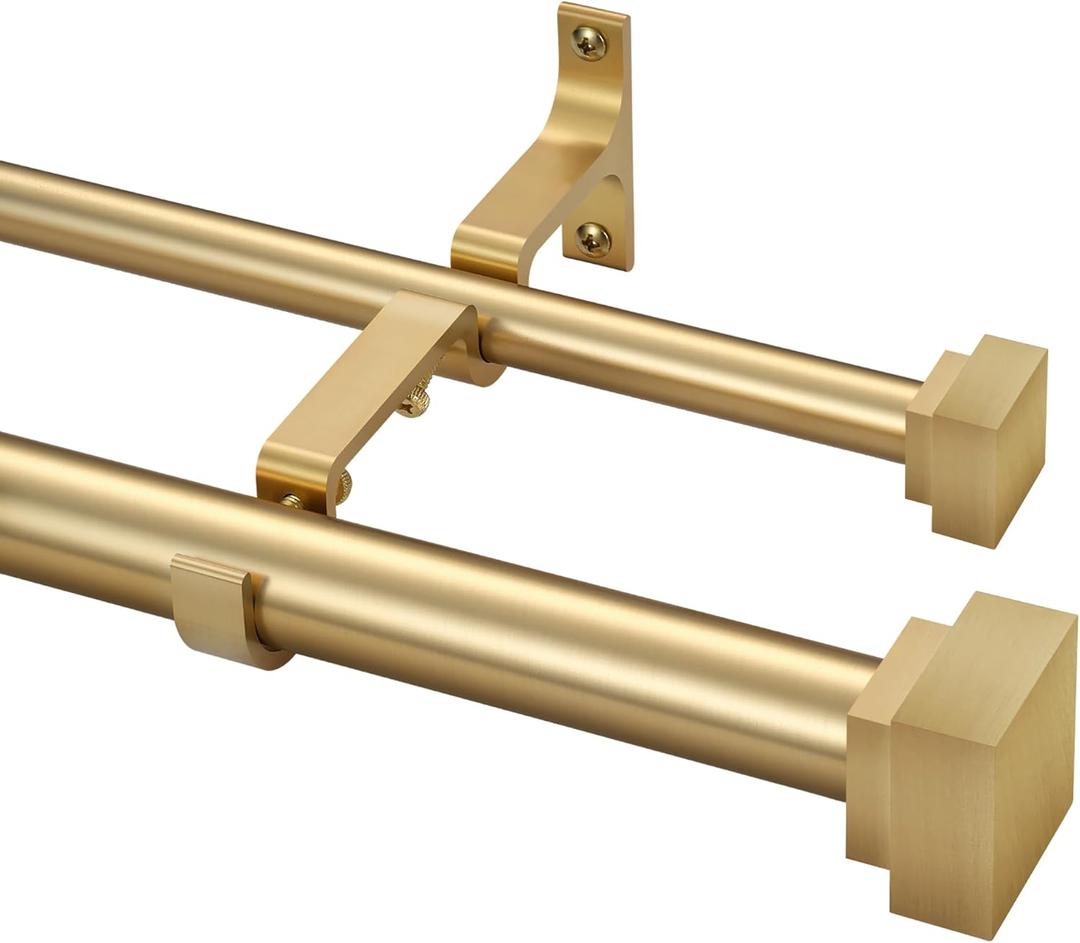 1 Inch Modern Double Window Curtain Rods,36-72 Inch Adjustable Telescoping Heavy Duty Stylish Drapery Rods Decorative Solid Square Allufer Finials for Dual Curtain Rod Window Treatment, Brushed Gold