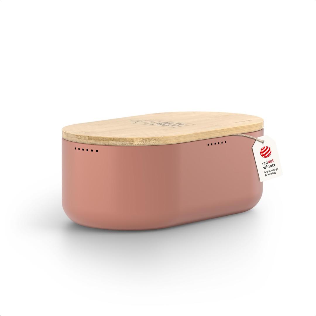 LARS NYSM Bread Box I Metal Box for long lasting freshness I Bread Bin with bamboo lid usable as cutting board I 13.8x7.7x5.3 In (Brick Red)
