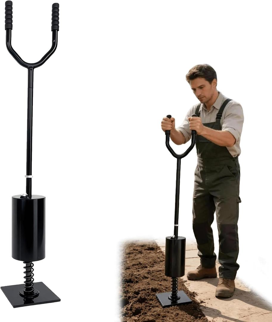 Steel Tamper Heavy Duty Tamper Tool for Landscaping & Garden, 8" x 8" Steel Base, Shock-Absorbing Spring, Fillable Weight Tube, for Soil, Sand & Gravel