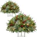 Somikis Set of 2 Outdoor Christmas Tree Urn Filler, Battery Operated Pre-lit Artificial Small Xmas Tree, w/LED Lights and Pine Cones & Red Berries, 22 Inch (1ft 10in)